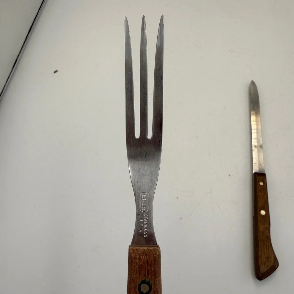 Vintage Ekco Flint Stainless Vanadium Knife and Meat Granny Fork Wood Handle USA
